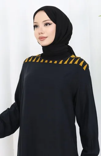 Kolu lastikli Desenli Elbise 0084-02 Siyah