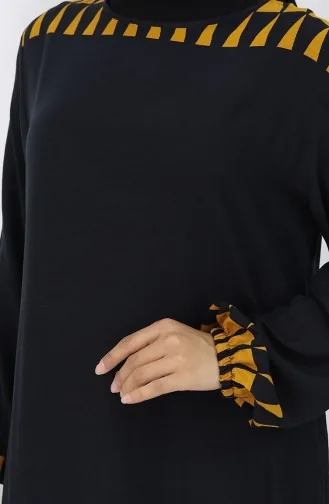 Kolu lastikli Desenli Elbise 0084-02 Siyah