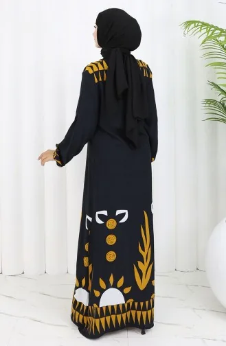 Kolu lastikli Desenli Elbise 0084-02 Siyah