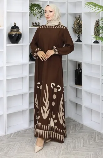 Robe à Motifs Avec Manches élastiques 0084-03 Marron 0084-03
