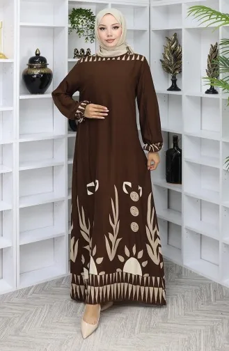 Robe à Motifs Avec Manches élastiques 0084-03 Marron 0084-03