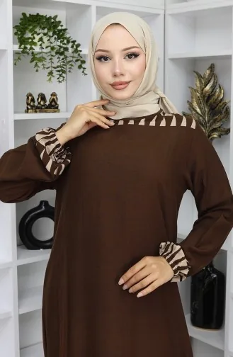 Robe à Motifs Avec Manches élastiques 0084-03 Marron 0084-03