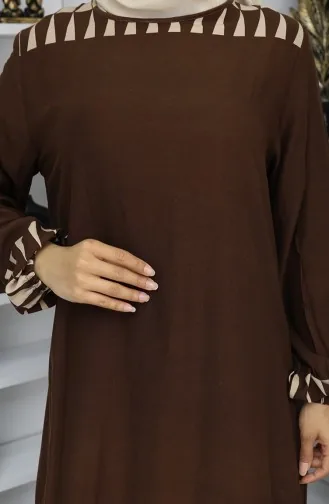 Robe à Motifs Avec Manches élastiques 0084-03 Marron 0084-03