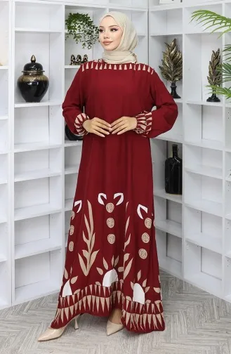 Kolu lastikli Desenli Elbise 0084-04 Bordo