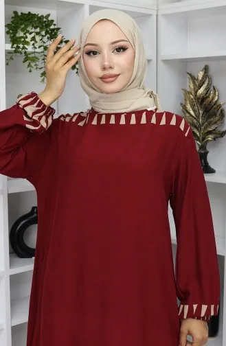 Kolu lastikli Desenli Elbise 0084-04 Bordo