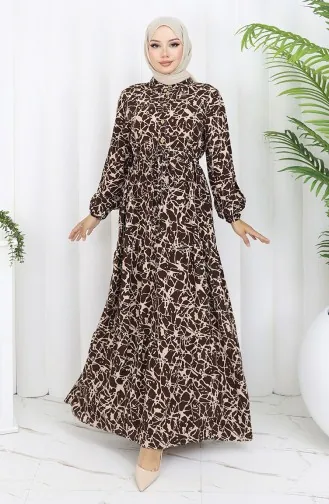 Viskose Stoff Halb Geknöpftes Gemustertes Kleid 0087-01 Braun Beige 0087-01