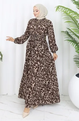 Viskose Stoff Halb Geknöpftes Gemustertes Kleid 0087-01 Braun Beige 0087-01
