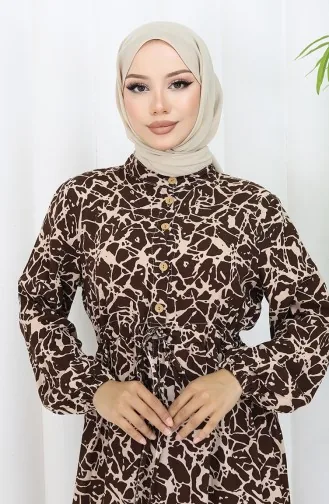 Viskose Stoff Halb Geknöpftes Gemustertes Kleid 0087-01 Braun Beige 0087-01