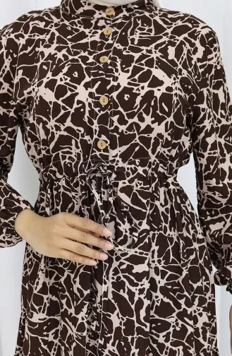 Viskose Stoff Halb Geknöpftes Gemustertes Kleid 0087-01 Braun Beige 0087-01