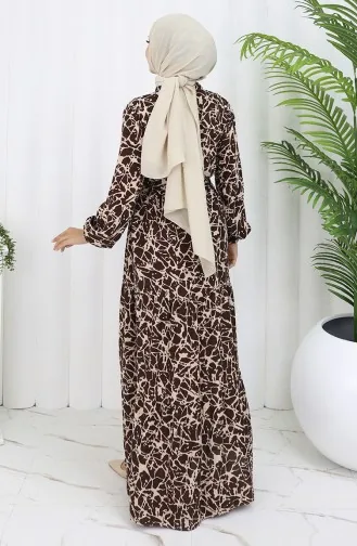 Viskose Stoff Halb Geknöpftes Gemustertes Kleid 0087-01 Braun Beige 0087-01