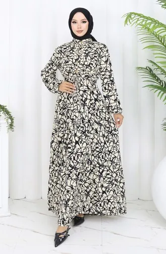 Viskon Kumaş Yarım Düğmeli Desenli Elbise 0087-03 Siyah Bej