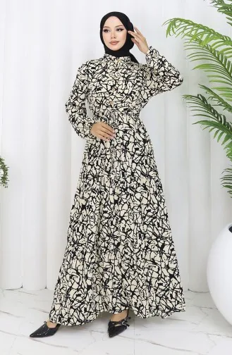 Viskon Kumaş Yarım Düğmeli Desenli Elbise 0087-03 Siyah Bej