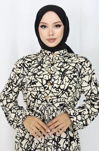 Viskon Kumaş Yarım Düğmeli Desenli Elbise 0087-03 Siyah Bej