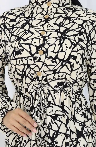 Viskon Kumaş Yarım Düğmeli Desenli Elbise 0087-03 Siyah Bej