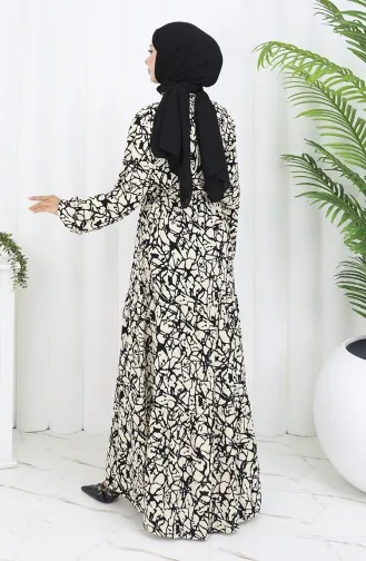 Viskon Kumaş Yarım Düğmeli Desenli Elbise 0087-03 Siyah Bej