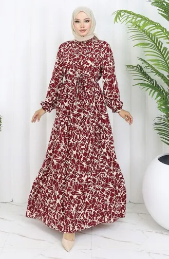 Robe à Motifs En Tissu Viscose à Demi-boutonnage 0087-04 Bordeaux Beige 0087-04