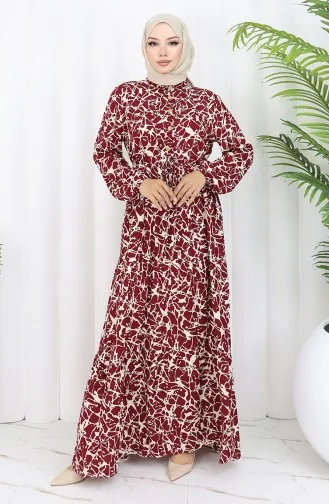 Robe à Motifs En Tissu Viscose à Demi-boutonnage 0087-04 Bordeaux Beige 0087-04