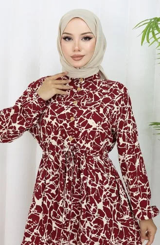 Robe à Motifs En Tissu Viscose à Demi-boutonnage 0087-04 Bordeaux Beige 0087-04