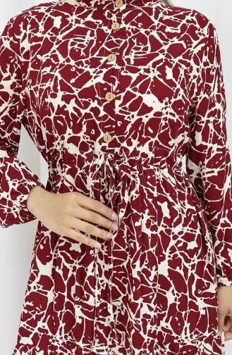 Robe à Motifs En Tissu Viscose à Demi-boutonnage 0087-04 Bordeaux Beige 0087-04