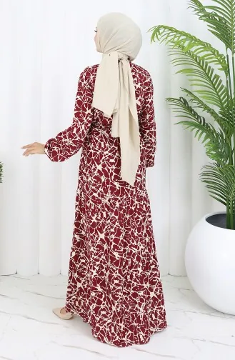 Robe à Motifs En Tissu Viscose à Demi-boutonnage 0087-04 Bordeaux Beige 0087-04