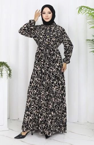 فستان منقوش بنصف أزرار من قماش الفيسكوز 0087-05 لون أسود حليبي قهوة 0087-05