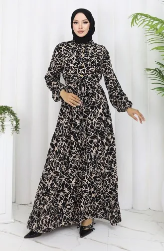 فستان منقوش بنصف أزرار من قماش الفيسكوز 0087-05 لون أسود حليبي قهوة 0087-05