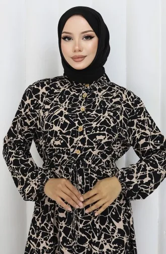 فستان منقوش بنصف أزرار من قماش الفيسكوز 0087-05 لون أسود حليبي قهوة 0087-05