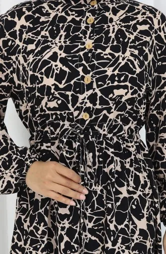 فستان منقوش بنصف أزرار من قماش الفيسكوز 0087-05 لون أسود حليبي قهوة 0087-05