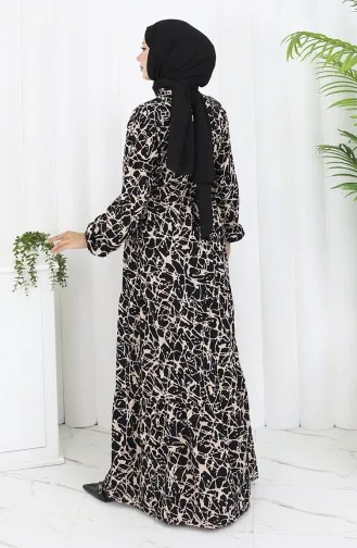 فستان منقوش بنصف أزرار من قماش الفيسكوز 0087-05 لون أسود حليبي قهوة 0087-05