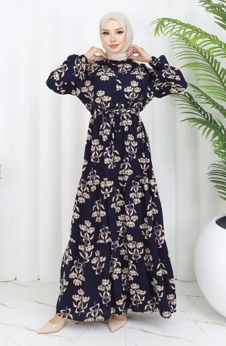 Half Buttoned Patterned Dress 2052-02 Navy Blue 2052-02