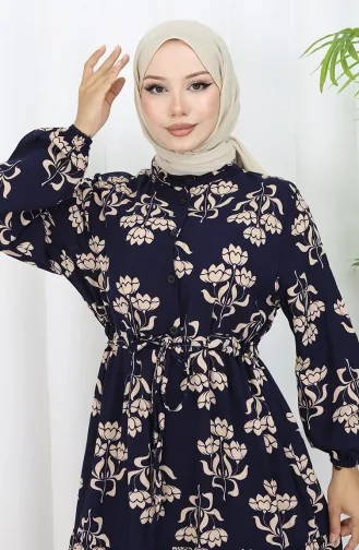 Half Buttoned Patterned Dress 2052-02 Navy Blue 2052-02