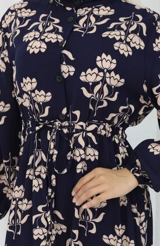 Half Buttoned Patterned Dress 2052-02 Navy Blue 2052-02