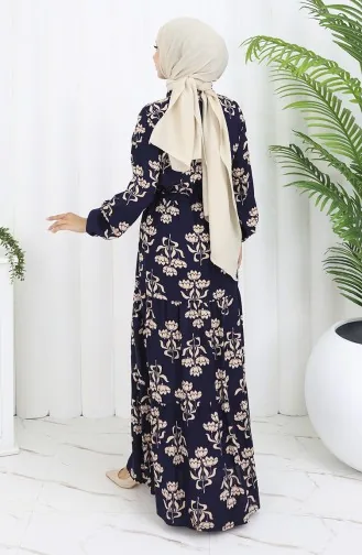 Half Buttoned Patterned Dress 2052-02 Navy Blue 2052-02