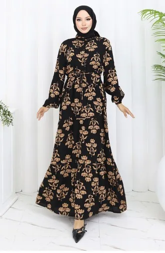 Half Buttoned Patterned Dress 2052-05 Black Milk Coffee 2052-05