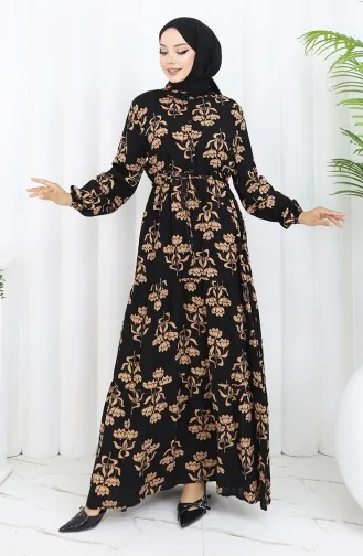 Half Buttoned Patterned Dress 2052-05 Black Milk Coffee 2052-05