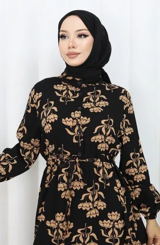 Half Buttoned Patterned Dress 2052-05 Black Milk Coffee 2052-05