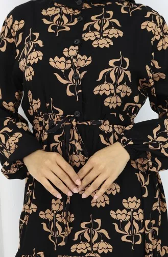 Half Buttoned Patterned Dress 2052-05 Black Milk Coffee 2052-05