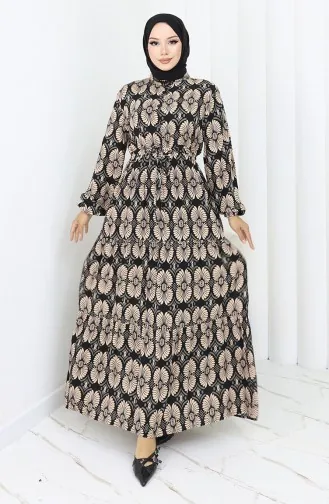 Viscose Stof Geknoopte Jurk Met Patroon 2053-01 Zwarte Nerts 2053-01