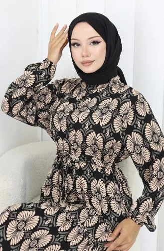 Viscose Stof Geknoopte Jurk Met Patroon 2053-01 Zwarte Nerts 2053-01