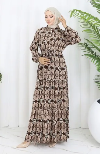 Viscose Stof Geknoopte Jurk Met Patroon 2053-03 Bruine Nerts 2053-03