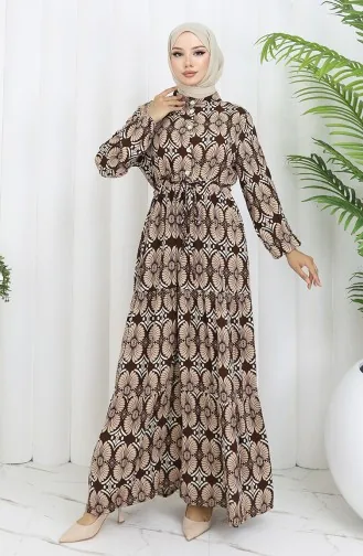 Viscose Stof Geknoopte Jurk Met Patroon 2053-03 Bruine Nerts 2053-03