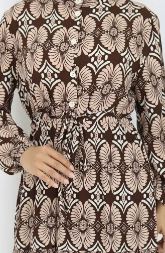 Viscose Stof Geknoopte Jurk Met Patroon 2053-03 Bruine Nerts 2053-03