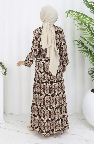 Viscose Stof Geknoopte Jurk Met Patroon 2053-03 Bruine Nerts 2053-03