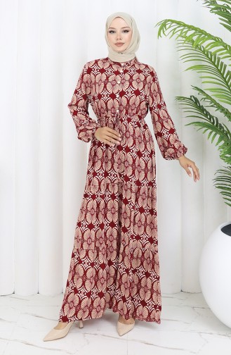 Viskon Kumaş Düğmeli Desenli Elbise 2053-04 Bordo Vizon