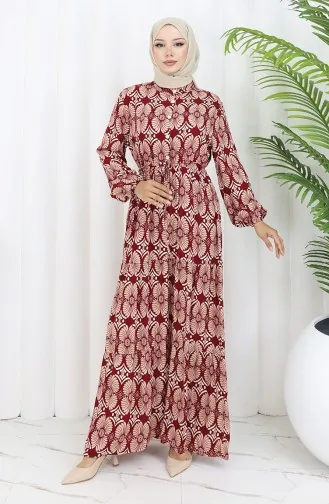 Viscose Stof Geknoopte Jurk Met Patroon 2053-04 Burgundy Mink 2053-04