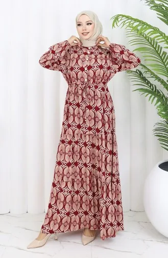 Viscose Stof Geknoopte Jurk Met Patroon 2053-04 Burgundy Mink 2053-04