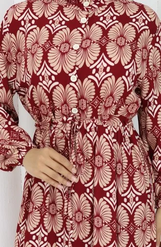 Viscose Stof Geknoopte Jurk Met Patroon 2053-04 Burgundy Mink 2053-04