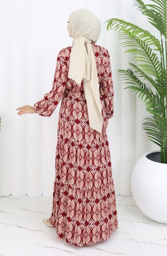 Viskon Kumaş Düğmeli Desenli Elbise 2053-04 Bordo Vizon