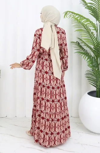 Viscose Stof Geknoopte Jurk Met Patroon 2053-04 Burgundy Mink 2053-04