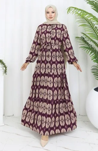 Viscose Stof Geknoopte Jurk Met Patroon 2053-05 Plum Mink 2053-05